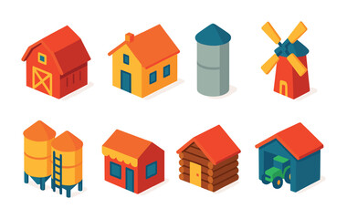 Fototapeta premium Isometric flat vector set of icons of rural buildings: barn, farmhouse, silo, windmill, grain storage, rural shop, log cabin, tractor garage. . , icons isolated transparent background.