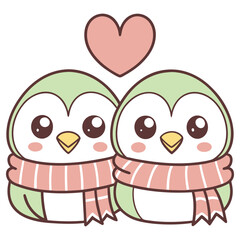 Cute Cartoon Penguins Couple with Heart Above & Scarf around Neck on White