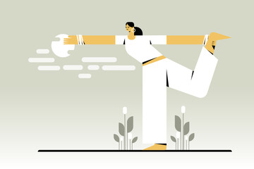 Illustration of a young woman performing yoga outdoors in the morning