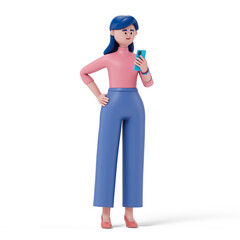 A woman looks at his phone, symbolizing connectivity or communication. 3D rendering, conceptual image. Isolated on white background.