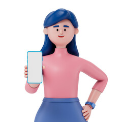 A woman displays a smartphone, symbolizing sharing or presenting information. 3D rendering, conceptual image. Isolated on white background.