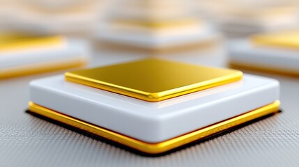 Stack of futuristic glowing digital interface layers with gold trim on abstract grid background visualizing high tech communication and data transmission