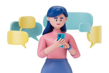 A woman uses a smartphone with speech bubbles, symbolizing digital communication or social media interaction. 3D rendering, conceptual image. Isolated on white background.