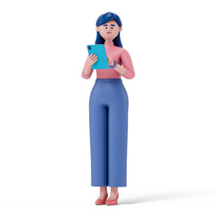 A woman holds a tablet, symbolizing modern technology use or digital reading. 3D rendering, conceptual image. Isolated on white background.