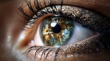 Close-up of a person's eye adorned with sparkling glitter for an artistic effect.