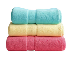 Stack of Three Soft Plush Bath Towels in Pastel Colors Turquoise Yellow and Pink Luxury Bathroom Textile Collection Isolated on Transparent and White Background