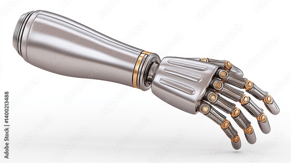 Poster mechanical robotic forearm with realistic articulation and chrome accents resting on white backgroun