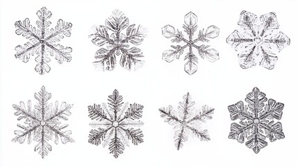 Fototapeta premium A collection of intricately designed snowflakes, showcasing their unique patterns and shapes in a delicate arrangement.