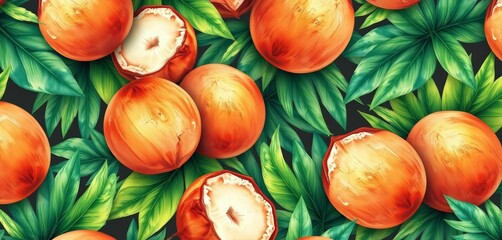 Watercolor seamless pattern of ripe coconuts & lush tropical leaves, seamless, beach