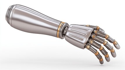 Mechanical robotic forearm with realistic articulation and chrome accents resting on white background showcasing futuristic synthetic limb technology design