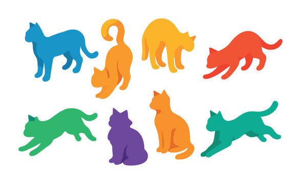 Isometric flat vector set of icons of cat silhouettes: full-body silhouette, curled tail, arched back, stalking form, pouncing outline, fluffy shape, sitting profile, running shape. isolated