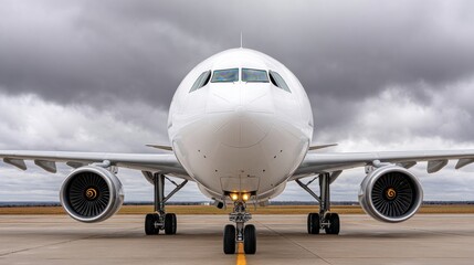 Obraz premium Central airplane nose view on rainy runway under heavy gray clouds visualizing symmetry in aviation power transport engineering and travel preparation