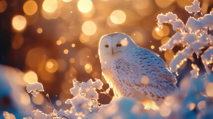 White Owl Enjoying Winter in Golden Light.
