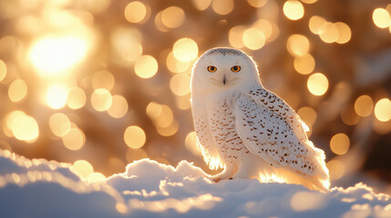 White Owl Enjoying Winter in Golden Light.