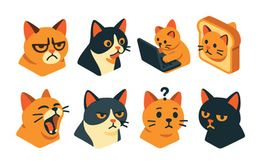 Isometric flat vector set of icons of cat memes: grumpy face, dramatic cat, laptop typing, bread cat, screaming cat, judgement stare, confused cat, side-eye cat. isolated transparent background.