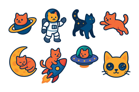 Cute space cats icon set – adorable astronaut felines in a linear style