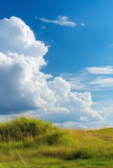 Obraz premium Green Grass Field Meets Blue Sky with Fluffy White Clouds