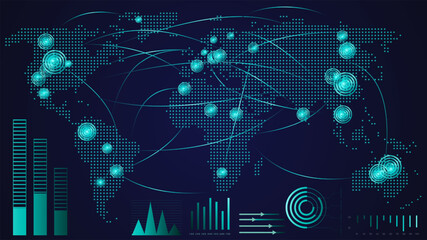 Obraz premium Digital map with glowing nodes and lines connecting data points globally, surrounded by bar charts and circular indicators. Concept of global connectivity, innovation, data flow. Vector illustration.