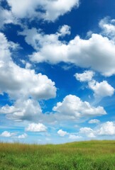 Bright Sky with Clouds Over Green Field Landscape Image