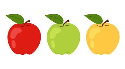 Set illustrations coloured apples. Green, yellow and red ripe apple on white background. For food, health or organic product designs.