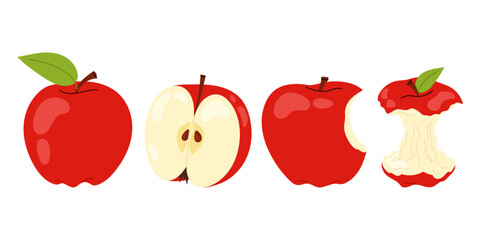Set red apple. Ripe and bitten apple, an apple stump isolated on white background. For food, healthy lifestyle themes or school.