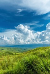 Green Rolling Hills Landscape with Dramatic Clouds Under a Blue Sky