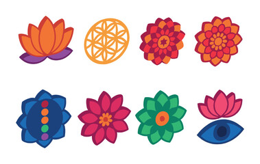 Isometric flat vector set of icons of spiritual floral themes: lotus flower, flower of life, flower with chakra, mandala bloom, sacred petal, meditation flower, mindful bloom, third eye with flower.