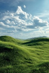 Obraz premium Rolling Green Hills Landscape with Dramatic Clouds and Vibrant Grass