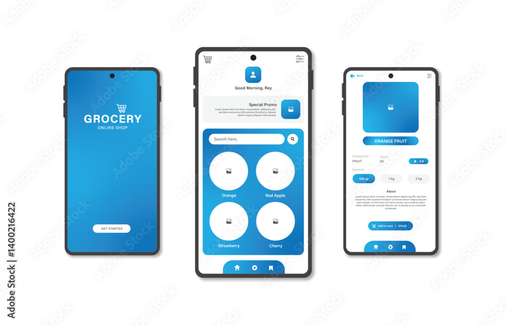 Poster application to buy groceries. collection of online grocery store interface templates. responsive gui