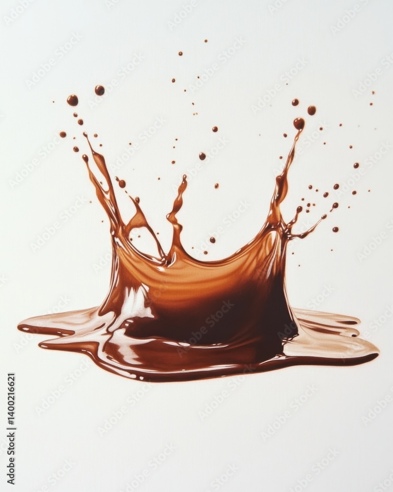 Poster dynamic chocolate splash on white canvas creating abstract crown shape in studio shot with smooth te