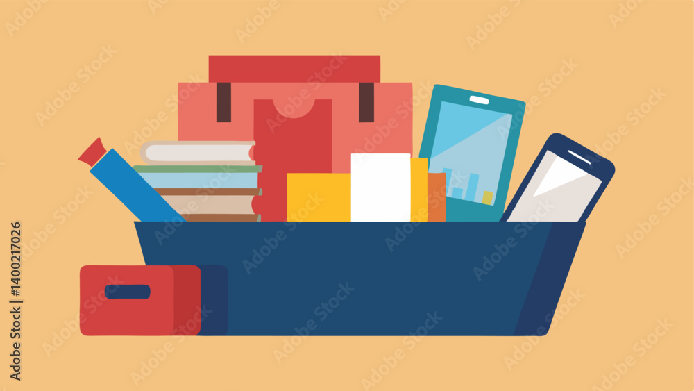 Poster lack of tools an of an empty toolbox next to a pile of glossy magazines and smartphone apps showing 