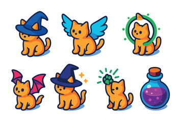 Naklejka premium Isometric flat vector set of icons of cats in fantasy: wizard hat, wings, magical aura, enchanted paw, tiny dragon wings, witch cat, fairy sparkles, potion bottle. isolated transparent background.