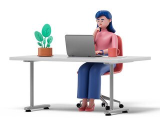 A woman sits at a desk, laptop open, hand to chin, symbolizing deep thought and focus. 3D rendering, conceptual image. Isolated on white background.