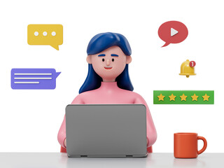 A woman at a desk with a laptop, surrounded by communication icons, symbolizing digital interaction. 3D rendering, conceptual image. Isolated on white background.