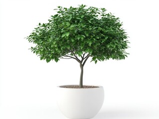 Lush Green Tree in White Pot Radiating Natural Beauty and Serenity Against a Clean White Background for Interior Design