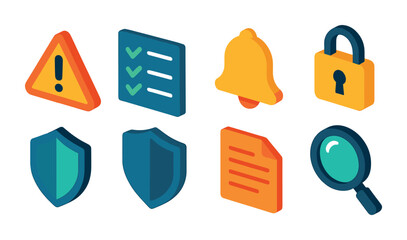 Isometric flat vector set of icons of risk and compliance: warning triangle, checklist, shield icon, alert bell, lock symbol, terms file, audit magnifier, secure document. isolated transparent