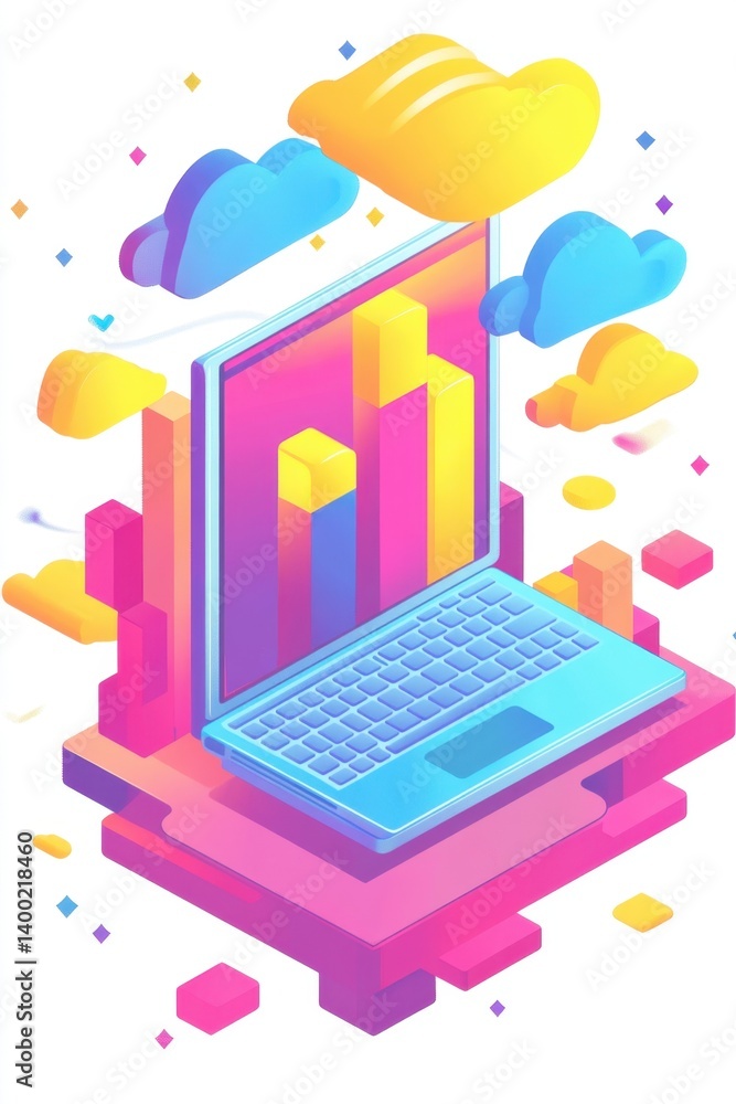 Poster isometric laptop with data chart and clouds represents digital transformation and modern technology 