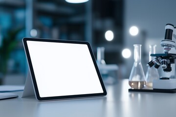  tablet mockup with blank screen placed on table in scientific laboratory