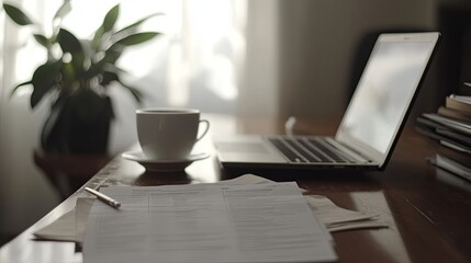 A minimalist workspace with financial documents, a clean laptop, and a cup of coffee. background