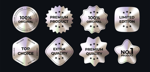 Luxury Metallic Badges Set With Premium Quality Labels On Dark Background. Glossy Chrome Stickers Collection For Branding, Product Promotion, Logo Or Packaging Design. Vector Illustration
