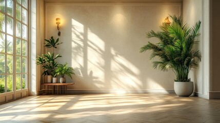 Sunlit Interior with Lush Greenery and Elegant Design