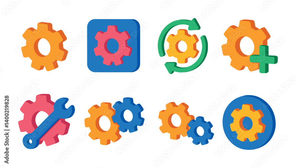 Poster colorful 3d settings and gear icons set for web and app design
