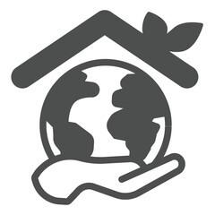Earth planet with roof and leaves in hand solid icon, eco tourism concept. Vector graphics. Hand with world globe, leaf sign on white background, glyph style icon for mobile or web design.