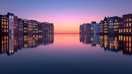 Fototapeta premium Waterfront modern residential buildings in soft gradient light reflected on mirrorlike canal surface showing tranquil architecture symmetry and reflective evening atmosphere