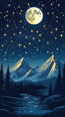 Fototapeta premium Enchanting night landscape with majestic mountains illuminated by moonlight and twinkling stars above a serene river