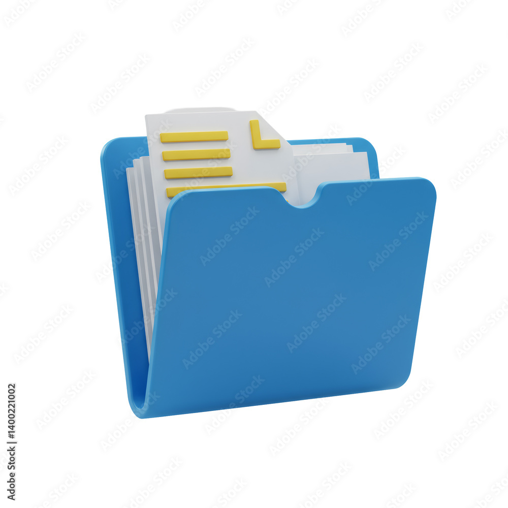 Poster 3d render of a blue file folder icon with yellow documents