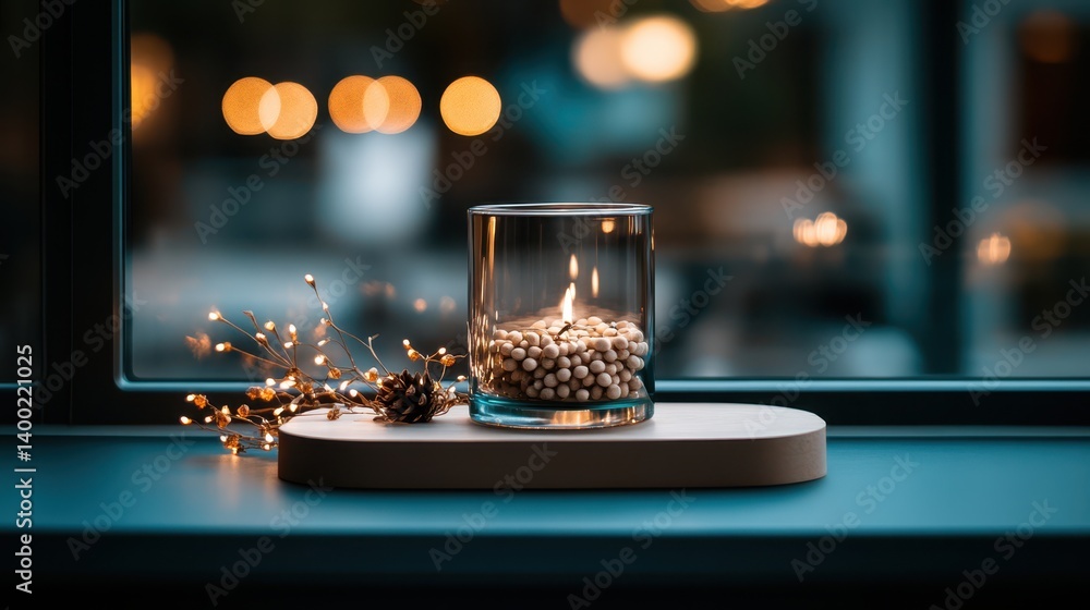 Poster a candle rests on a table near a window, creating a cozy atmosphere.