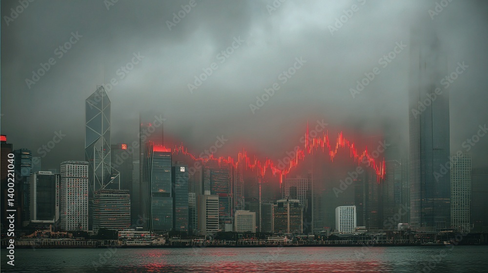 Poster red bearish chart overlay on hong kong skyline with cloudy atmosphere