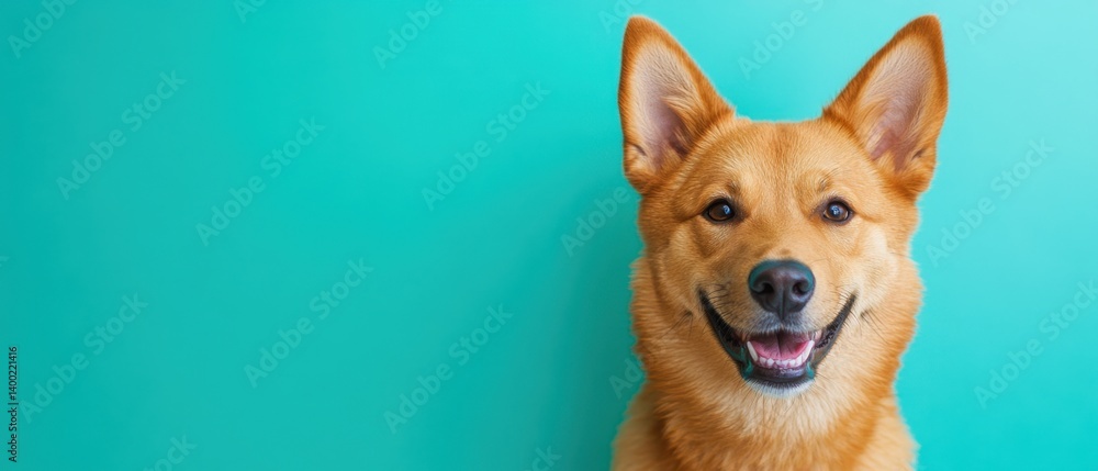 Poster smiling dog portrait on teal backdrop capturing canine joyful expression and warmth in studio settin
