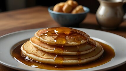   golden-brown, fluffy, and crispy fried pancake sits on a ceramic plate, drizzled with a thick, sticky, and sweet syrup that pools around the edges, glistening in the light, with a few streaks of but